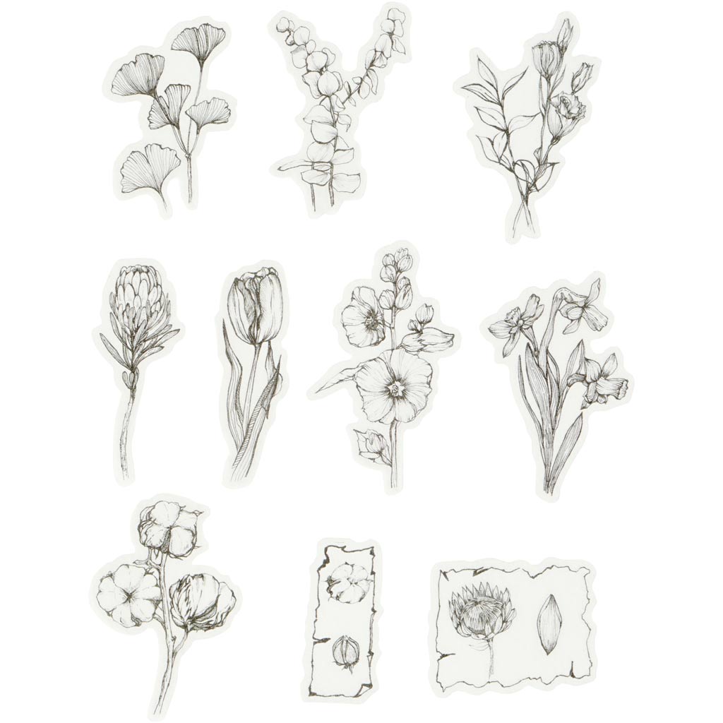 Creativ company masking tape stickers, zwart wit bloemen, afm 30-50 mm, 30 stuk 1 doos