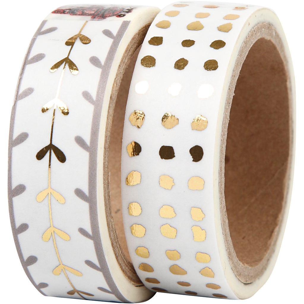 Vivi gade masking tape, harten en stippen - folie, b: 15 mm, goud, wit, 2x4 m 1 doos