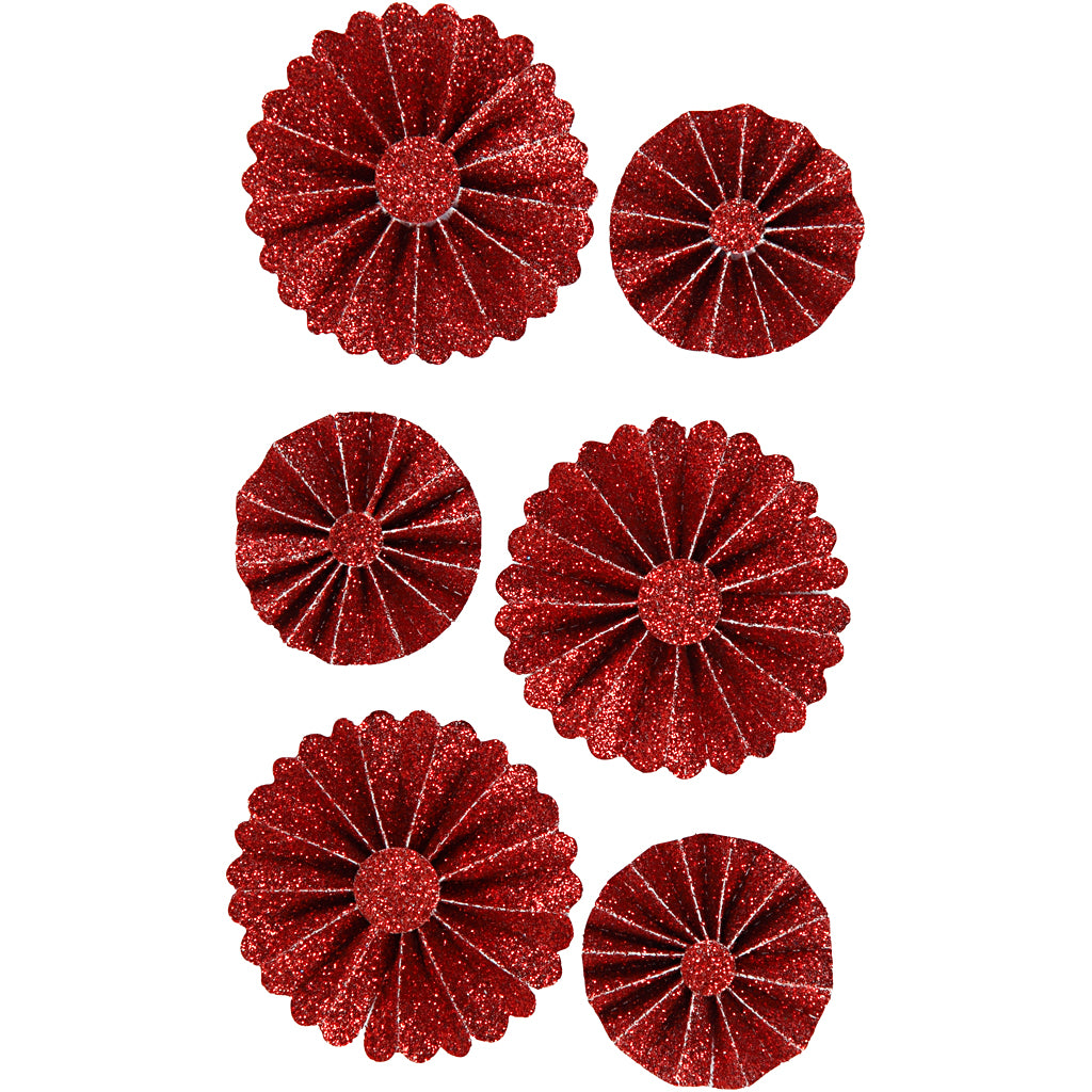 Vivi gade rosettes, d 35+50 mm, rood glitter, 6 stuk 1 doos