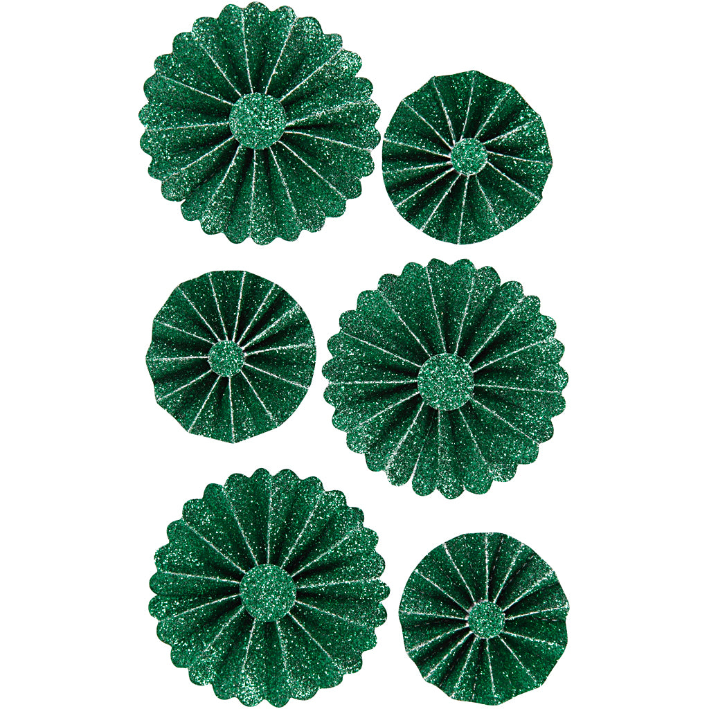 Vivi gade rosettes, d 35+50 mm, groen glitter, 6 stuk 1 doos