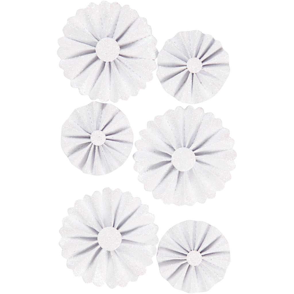 Vivi gade rosettes, d 35+50 mm, wit glitter, 6 stuk 1 doos