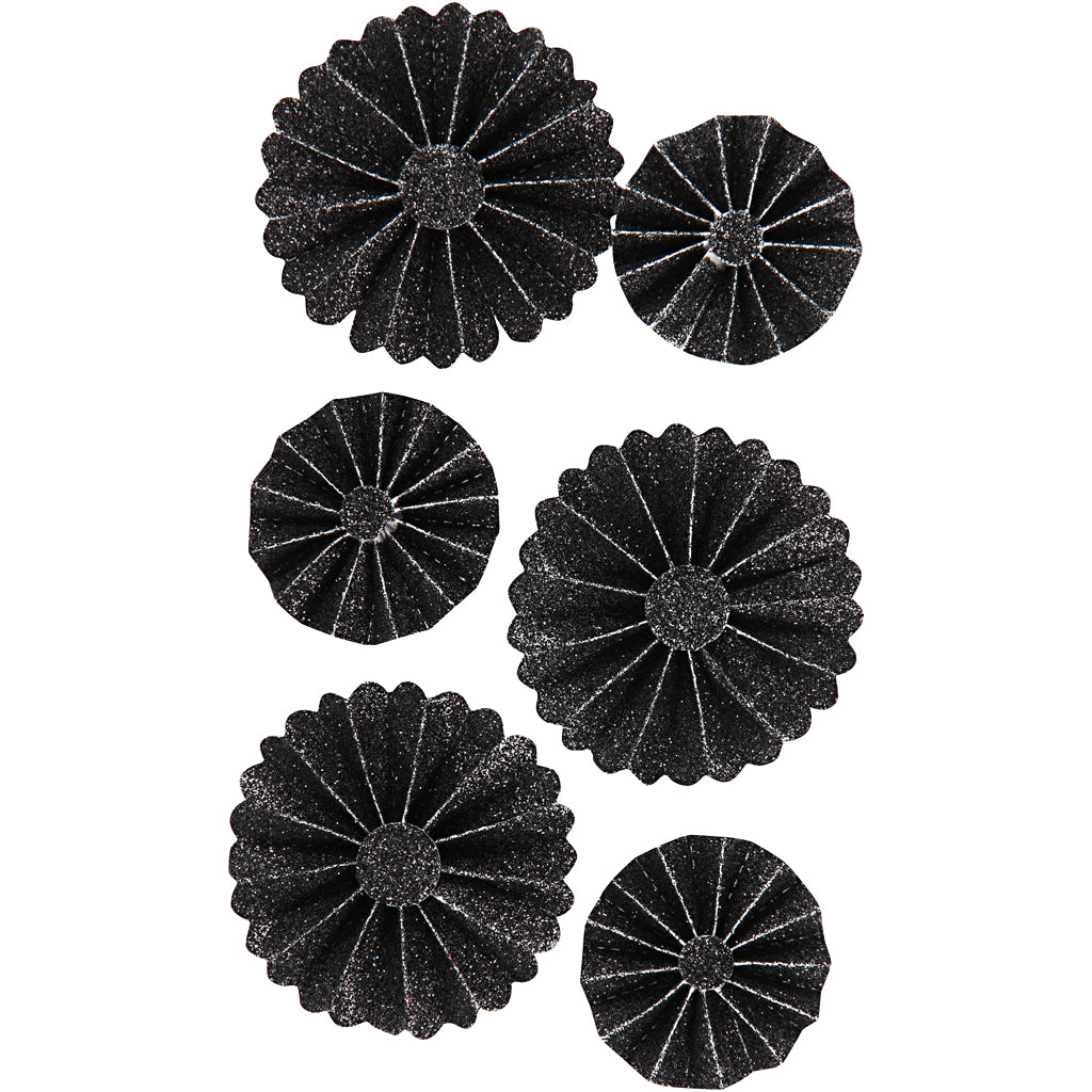 Vivi gade rosettes, d 35+50 mm, zwart glitter, 6 stuk 1 doos