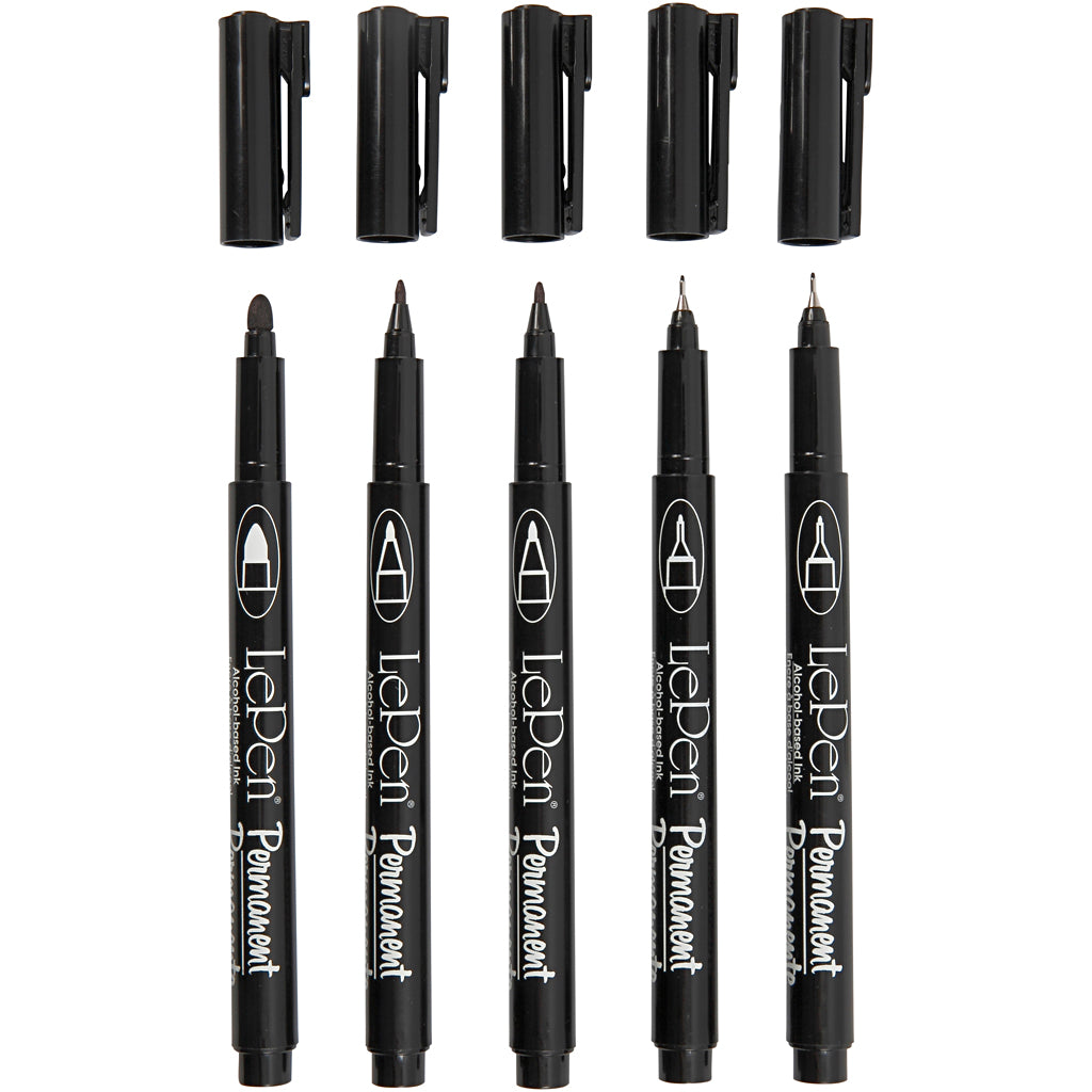 Permanente markers, lijndikte 2x0,6+2x0,8+1,3 mm, zwart, 5 stuk 1 doos
