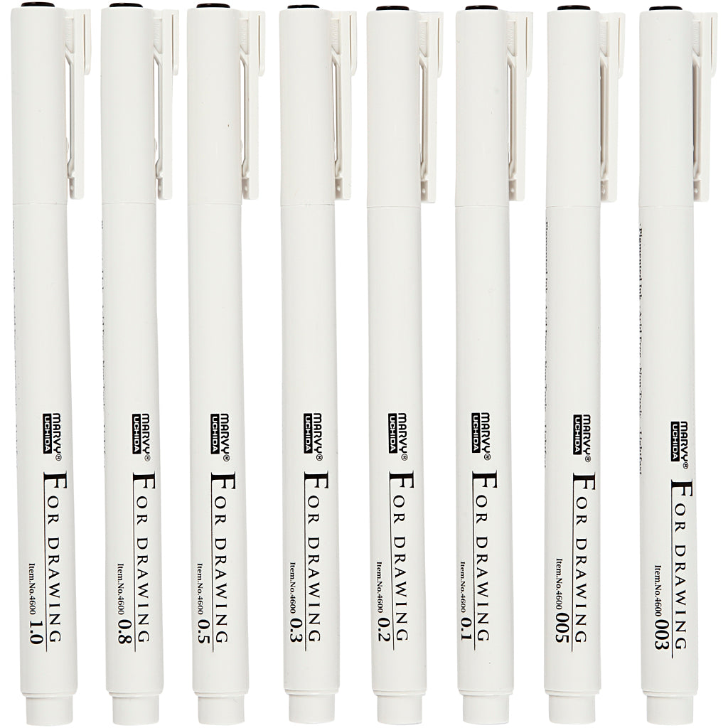 Fineliners, lijndikte 0,03+0,05+0,1+0,2+0,3+0,5+0,8+1,0 mm, zwart, 8 stuk 1 doos