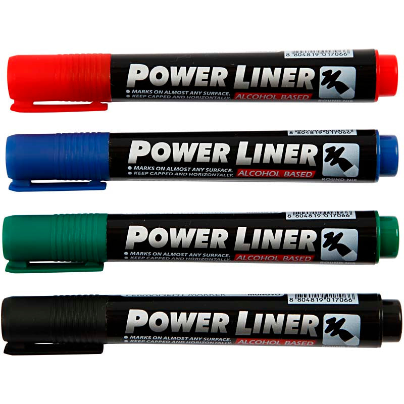 Mungyo powerliner, lijndikte 1,5-3 mm, zwart, blauw, groen, rood, 4 stuk 1 doos