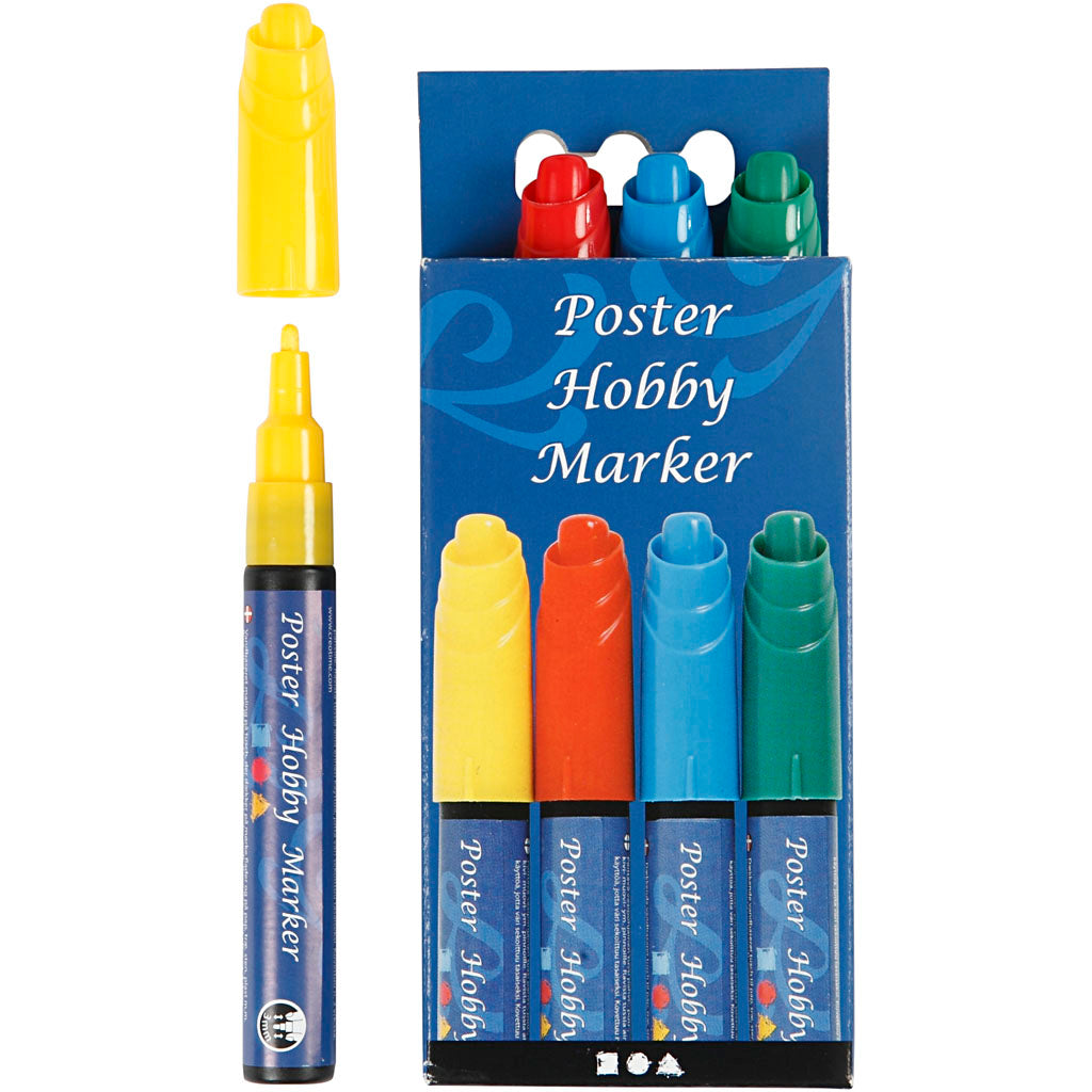 Poster hobby marker, lijndikte 3 mm, blauw, groen, rood, geel, 4 stuk 1 doos