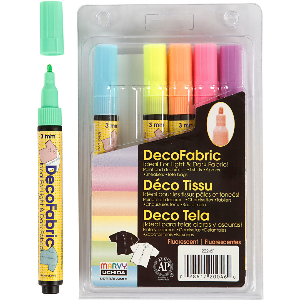 Deco textielstift, lijndikte 3 mm, neon kleuren, 6 stuk 1 doos