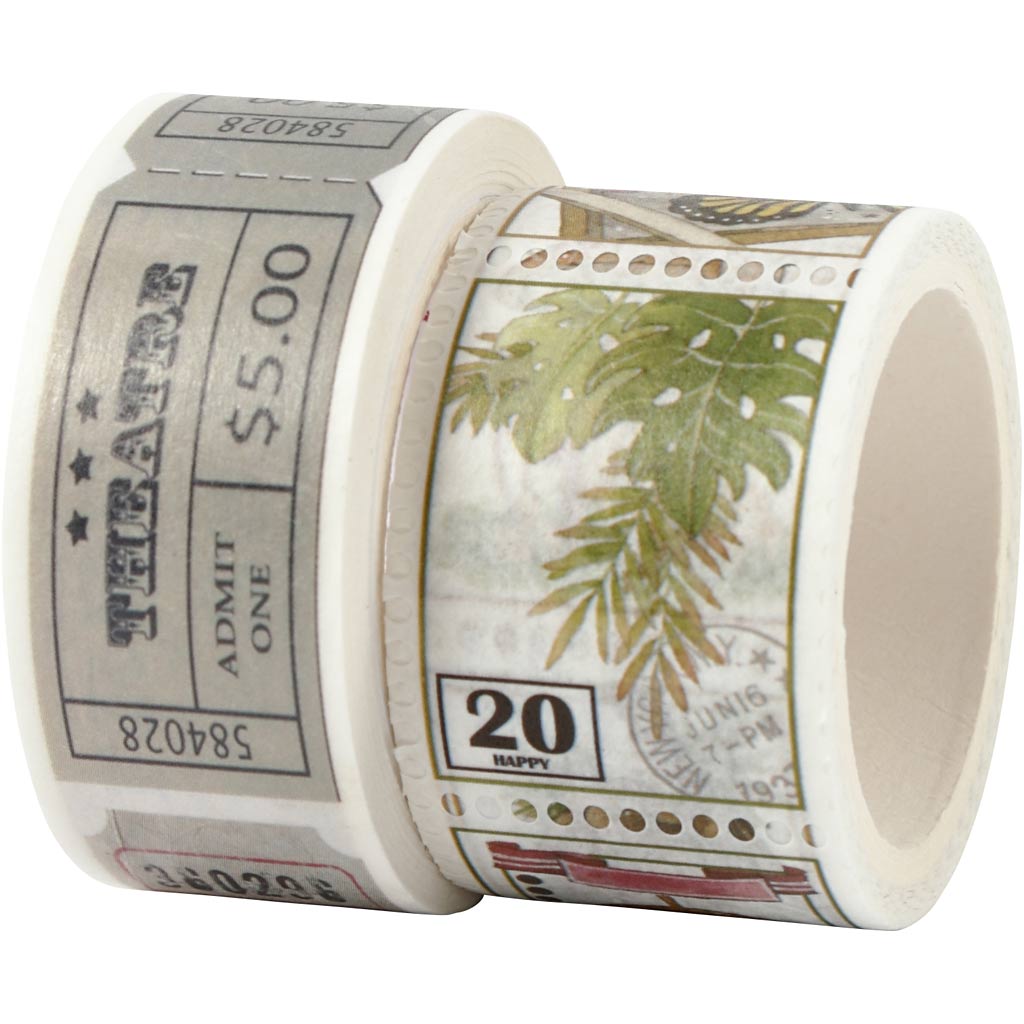 Creativ company masking tape, ticket en natuurmotieven, l: 3+5 m, b: 20+25 mm, 2 rol 1 doos
