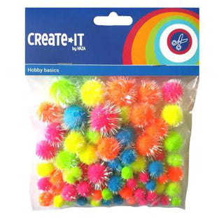 Haza witbaard glitter pompoms neon, 75st.