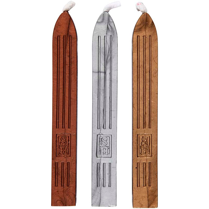 Creativ company zegel was, goud, zilver, brons, l: 10 cm, 3 stuk 1 doos