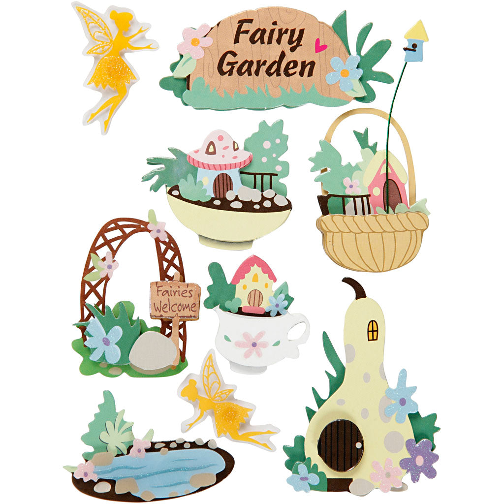 Creativ company 3d stickers, feeën tuin, h: 32-64 mm, b: 30-55 mm, dikte 7 mm, 9 stuk 1 doos
