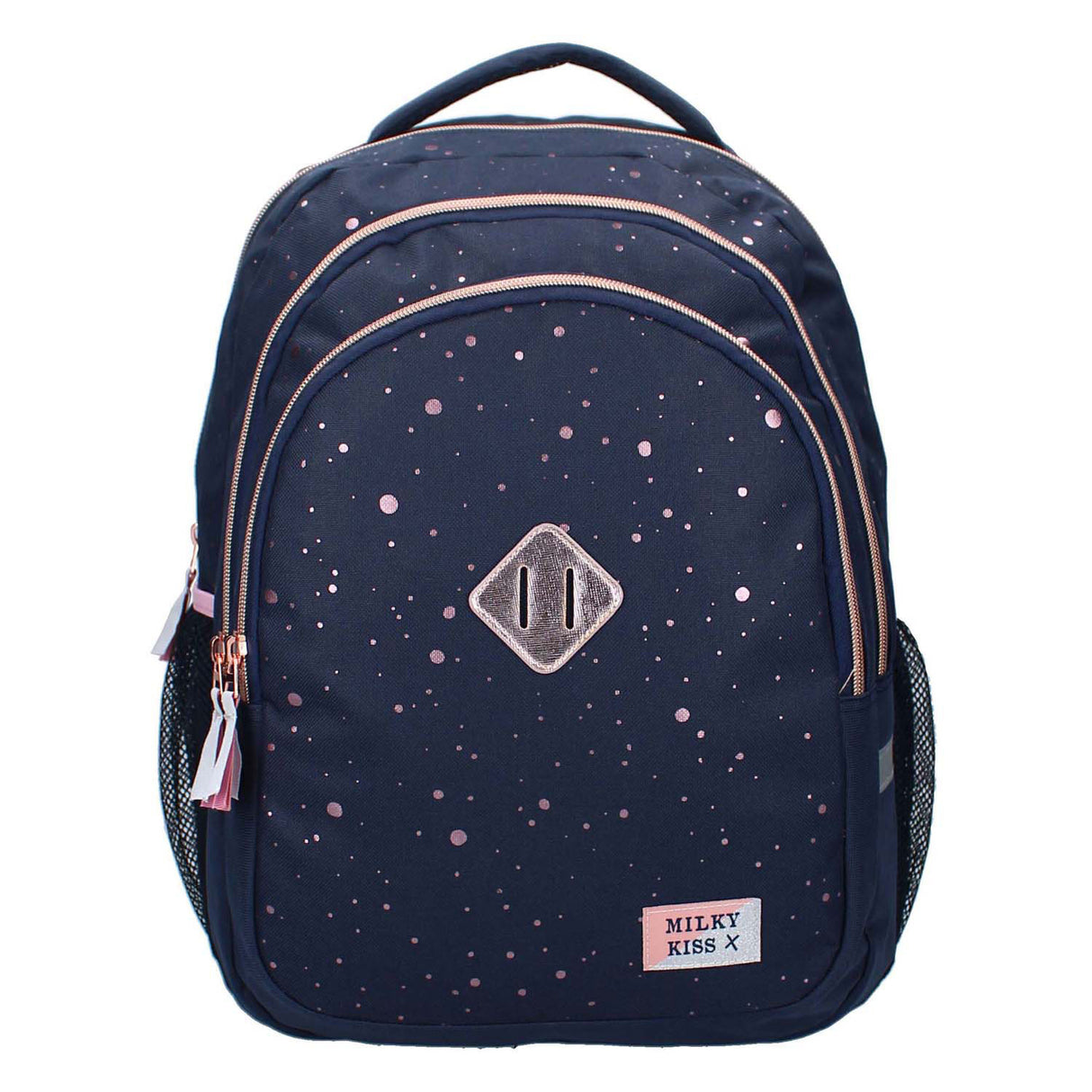 Milky kiss rugzak goddelijke dagen donkerblauw met roze stippen, 3-vaks