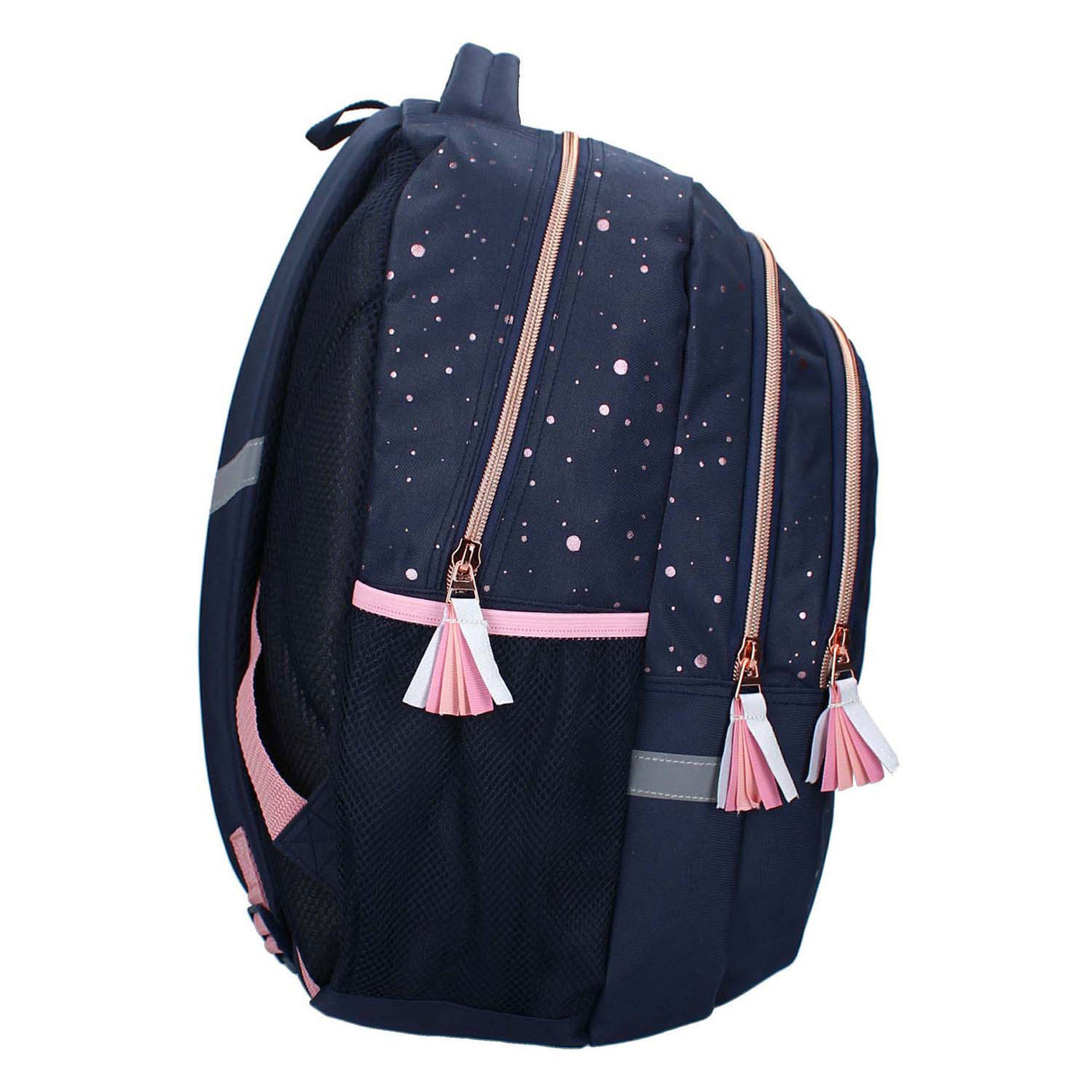 Milky kiss rugzak goddelijke dagen donkerblauw met roze stippen, 3-vaks