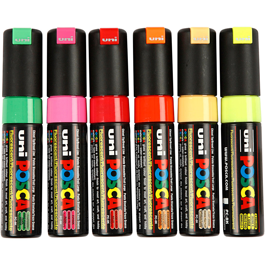 Uni-posca posca marker, afm pc-8k, lijndikte 8 mm, breed, semi-dekkend, diverse kleuren, 6 stuk 1 doos