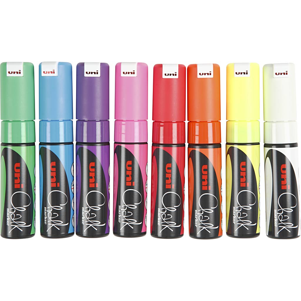 Uni-posca krijtstift, lijndikte 8 mm, diverse kleuren, 8 stuk 1 doos