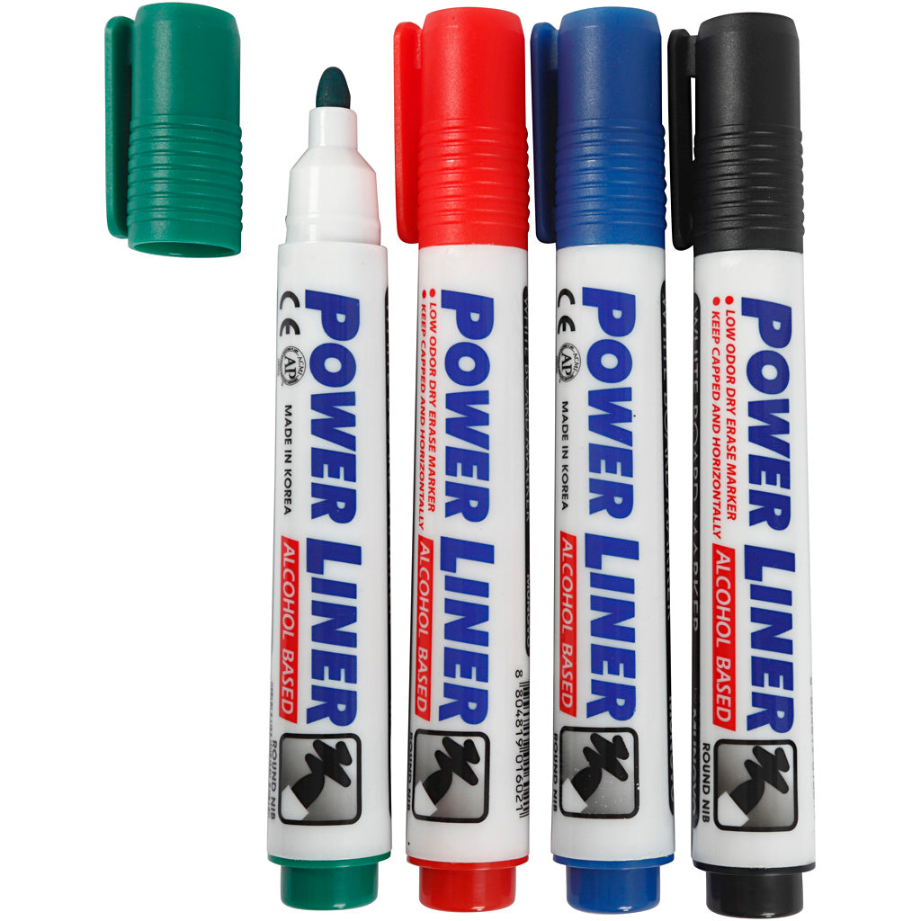 Whiteboard stiften, lijndikte 4 mm, zwart, blauw, groen, rood, 4 stuk 1 doos