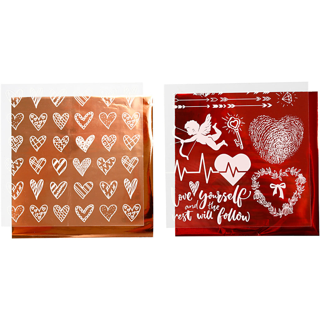 Creativ company deco folie en transfervel, harten en love, vel 15x15 cm, rood, 2x2 vel 1 doos