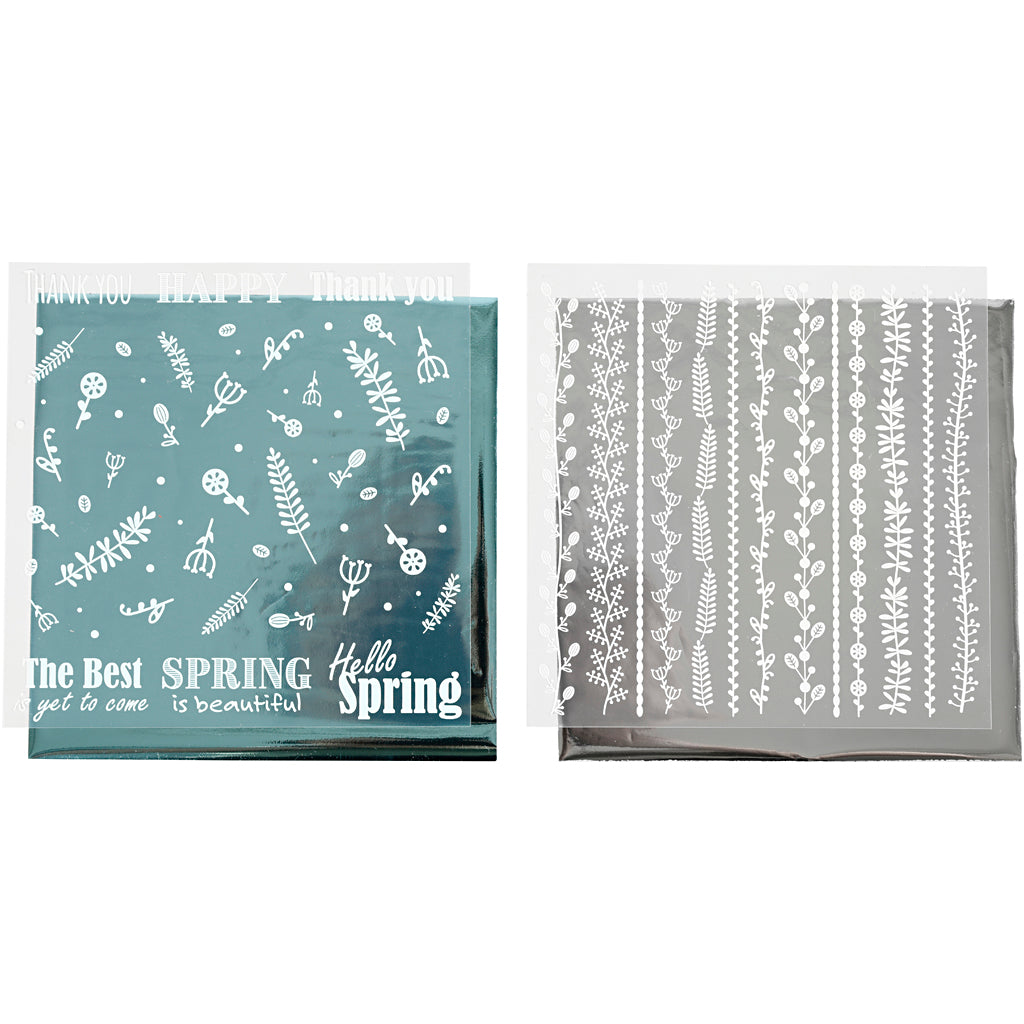 Creativ company deco folie en transfervel, lente bloemen, vel 15x15 cm, zilver, turquoise, 2x2 vel 1 doos