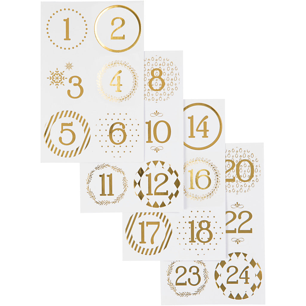 Vivi gade kerstkalender cijfer stickers, d 40 mm, vel 9x14 cm, goud, wit, 4 vel 1 doos
