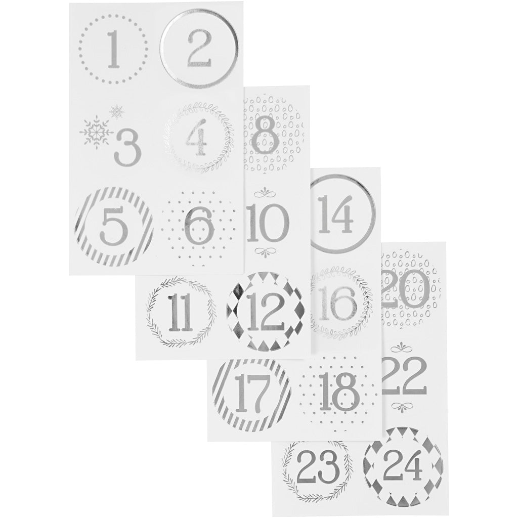 Vivi gade kerstkalender cijfer stickers, d 40 mm, vel 9x14 cm, zilver, wit, 4 vel 1 doos