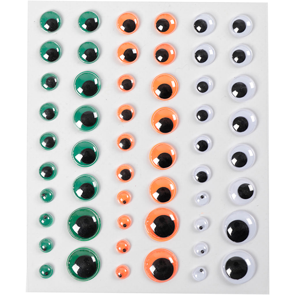 Creativ company wiebelogen, zelfklevend, d 6+8+10+12+15 mm, groen, oranje, wit, 54 stuk, 1 vel