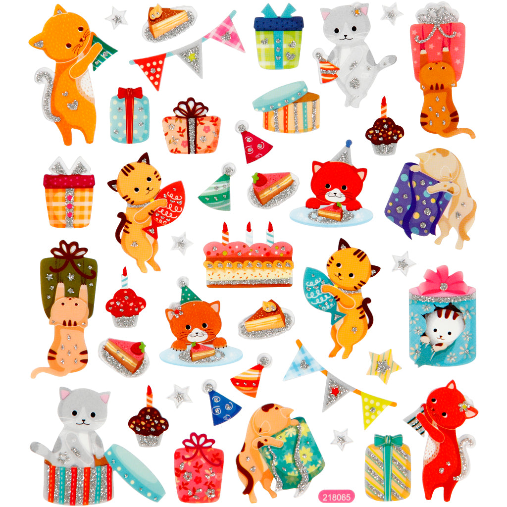Creativ company stickers, verjaardags katten, vel 15x16,5 cm, ca. 38 stuk, 1 vel