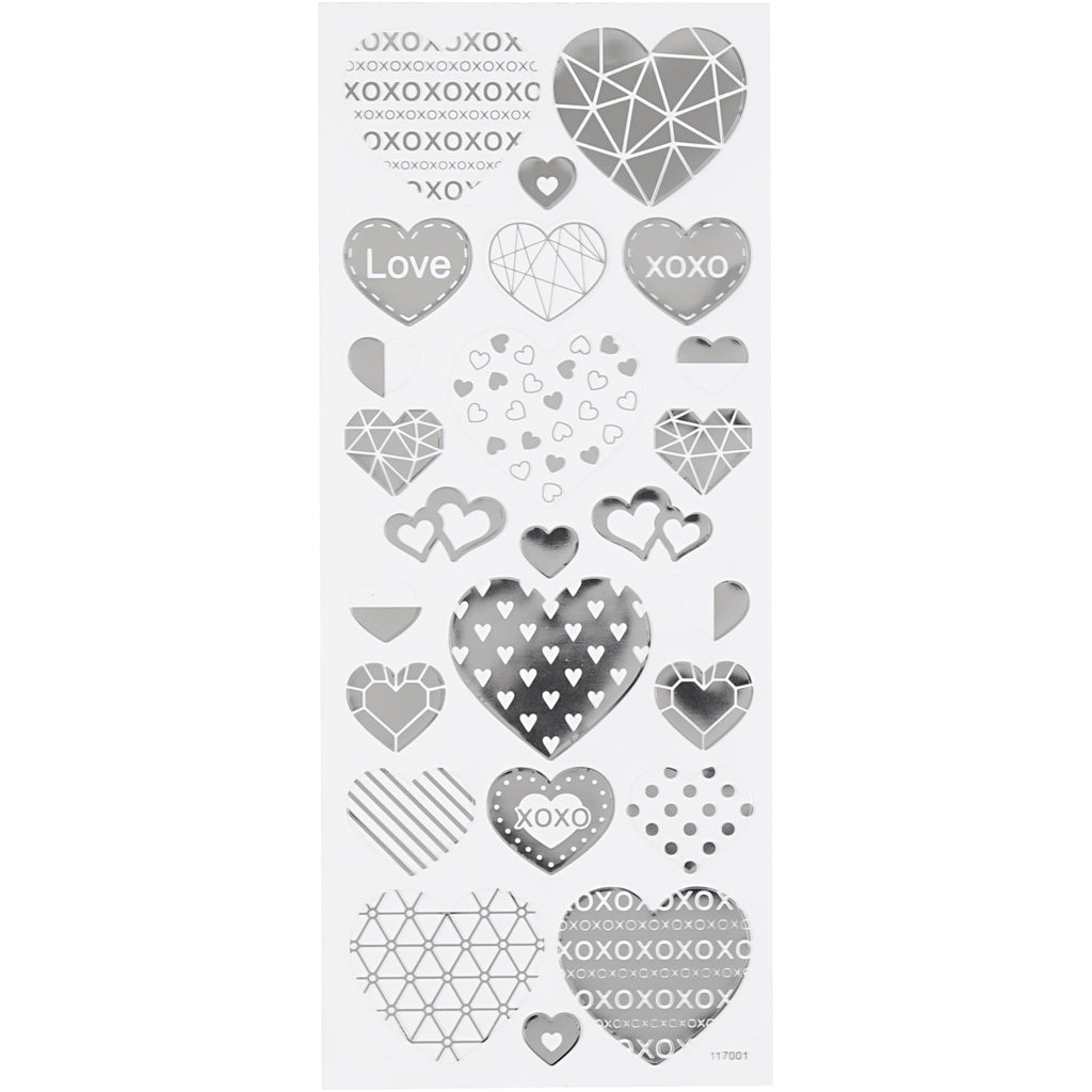 Creativ company stickers, harten, vel 10x24 cm, ca. 25 stuk, zilver, 1 vel