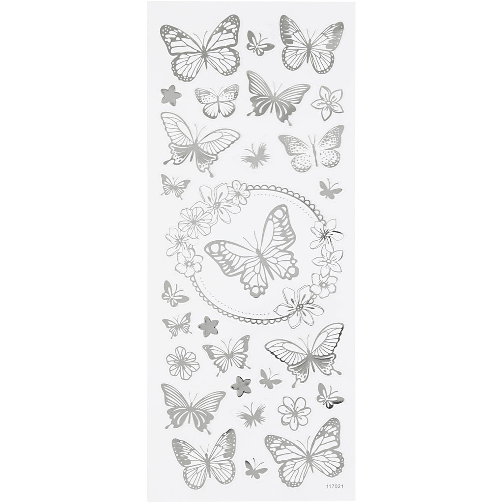 Creativ company stickers, vlinders, vel 10x24 cm, ca. 28 stuk, zilver, 1 vel