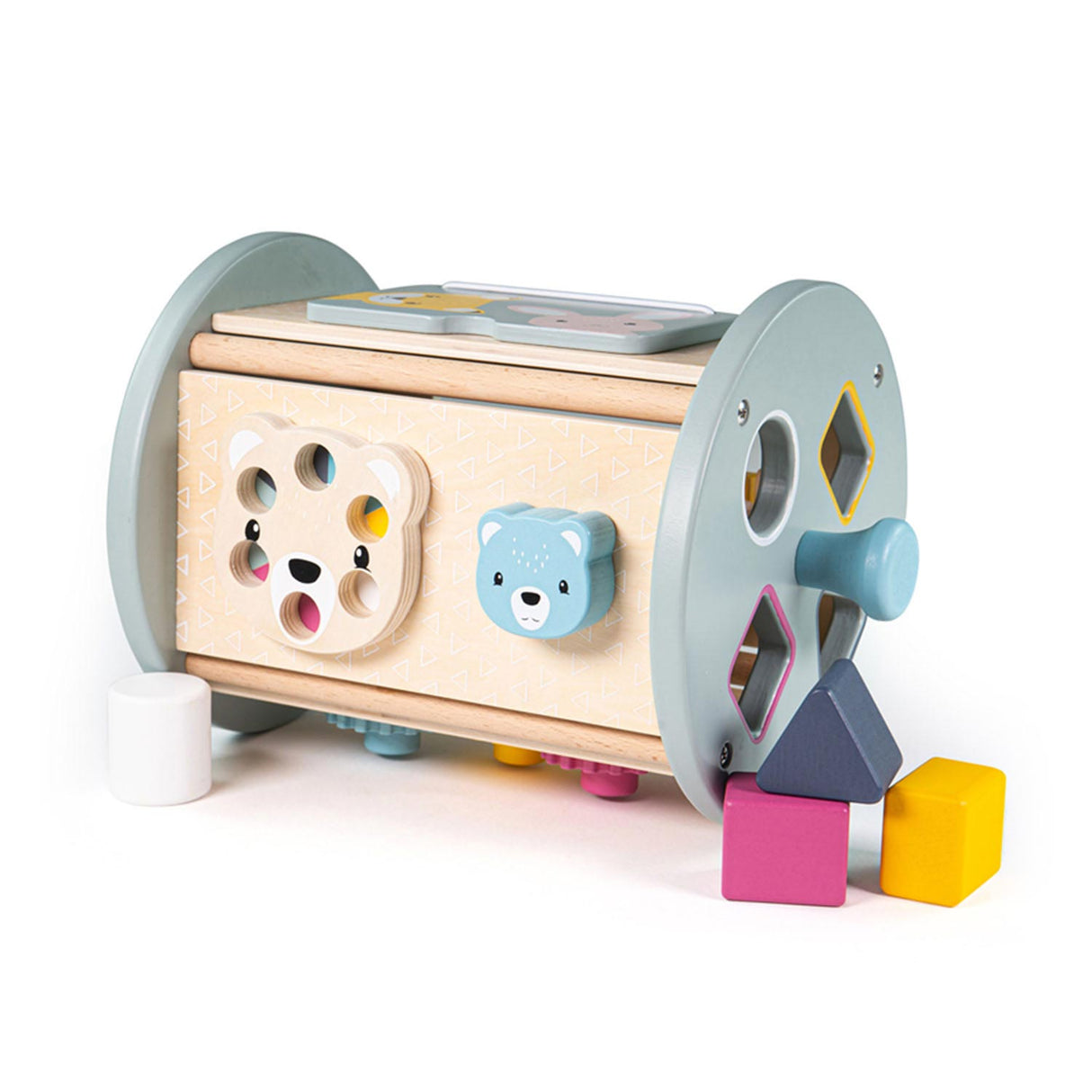 Bigjigs rollende activiteitenbox en vormenstoof van hout, 5dlg.