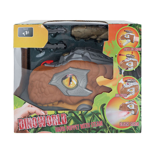 Dinoworld dinosaurus handpop met stoom licht en geluid, 17cm