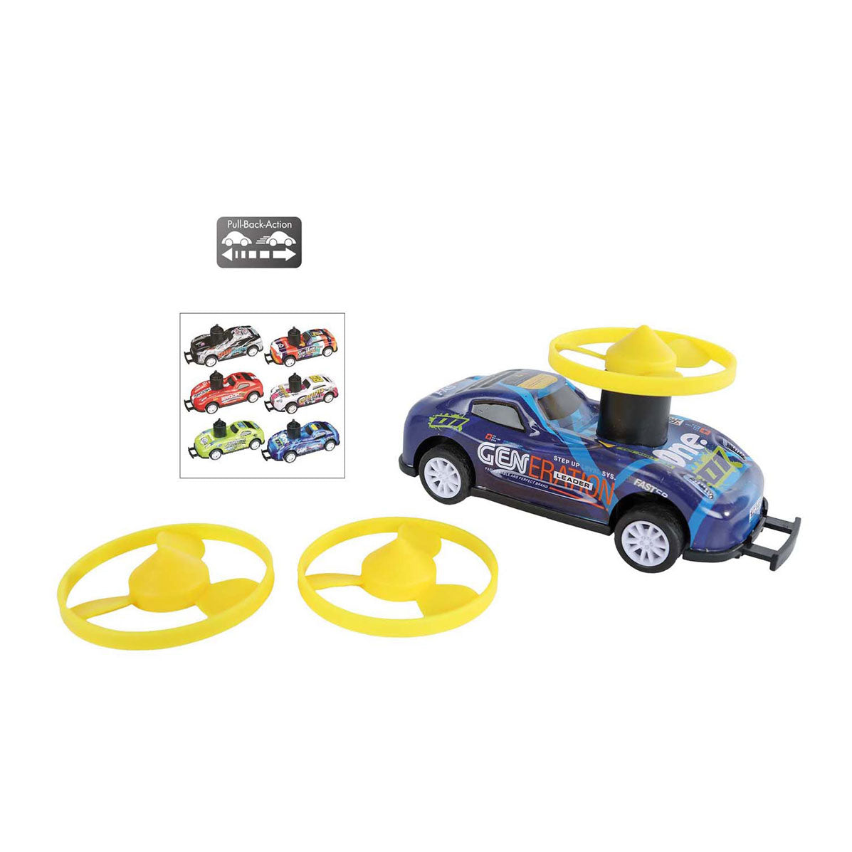 Roadstarblasters stoot en spin stuntauto die-cast met pull back functie.