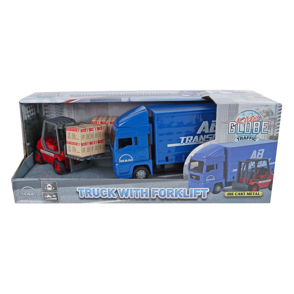 Kids globe man vrachtwagen met vorkheftruck. 17cm