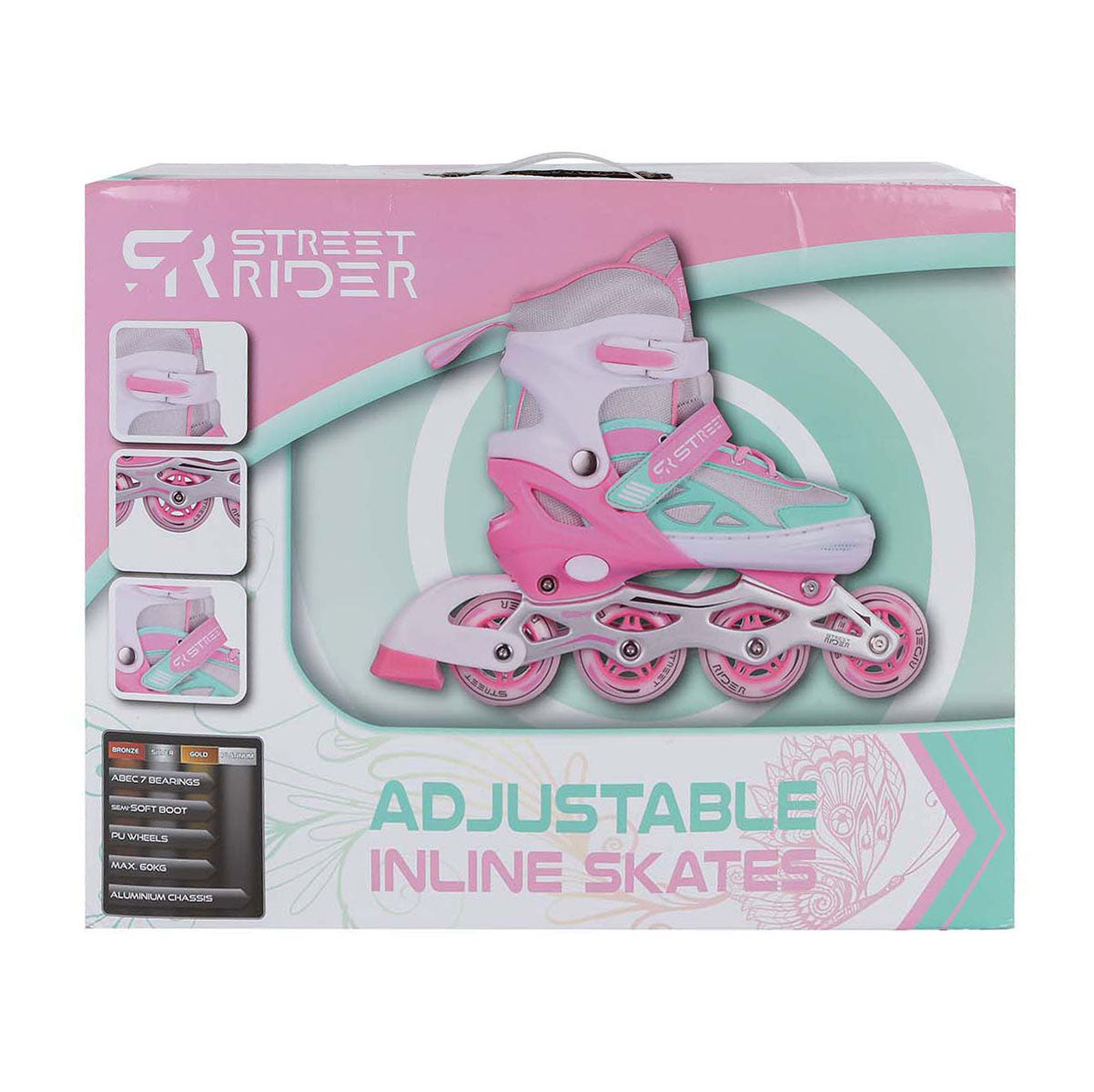 Street rider inline skeelers roze groen verstelbaar, maat 37-40