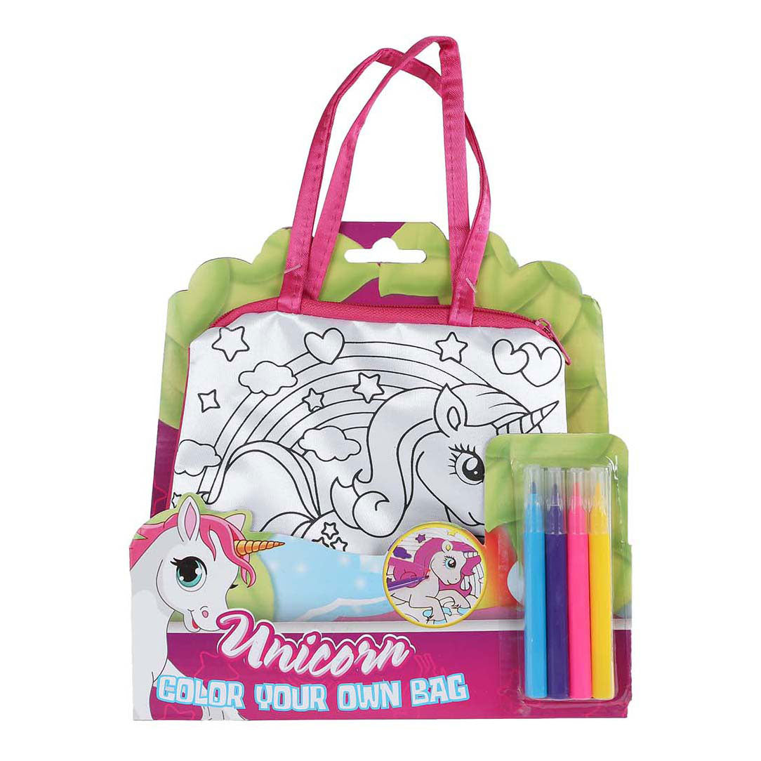 Unicorn kleur je eigen tasje met 4 viltstiften, 16cm