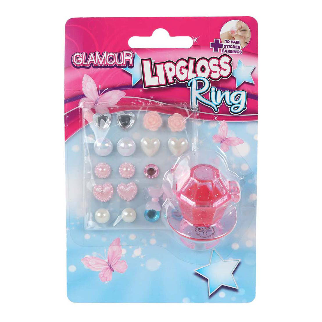 Glamour lipgloss ring en 10 paar oorring stickers