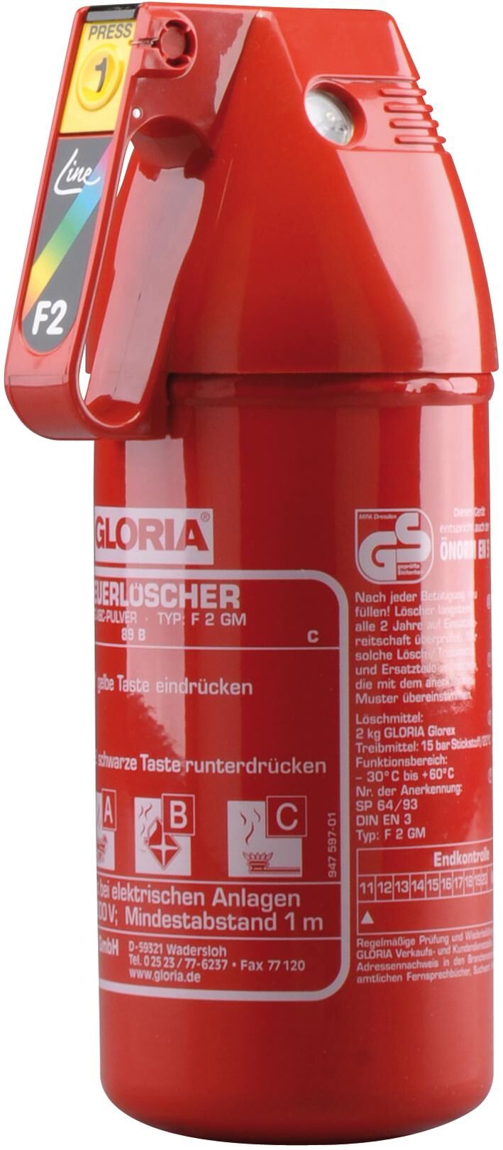GLORIA Extinguisher "Easyline"powder, fire class ABC, stored pressure extinguisher design L, with car bracket