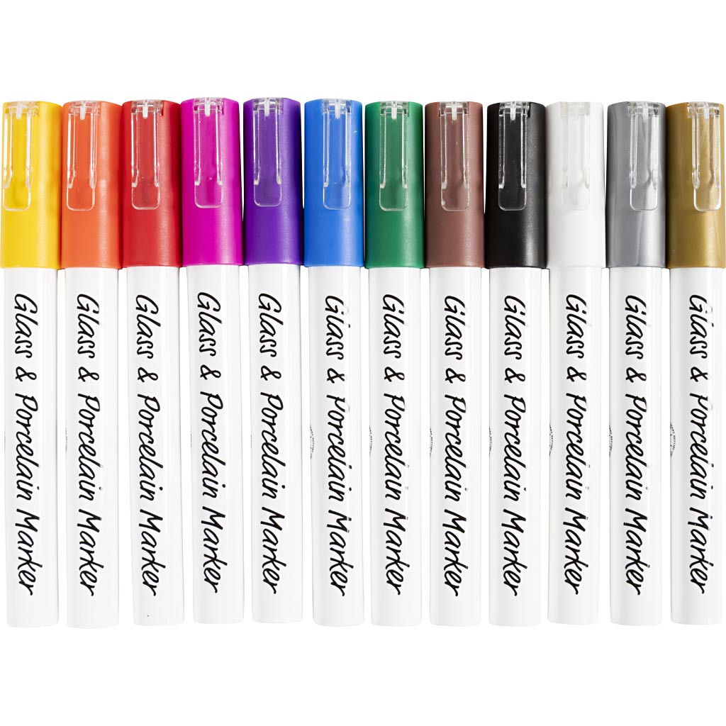 Creativ company glas- porseleinstiften, lijndikte 1-2 mm, semi-dekkend, diverse kleuren, 12 stuk 1 doos