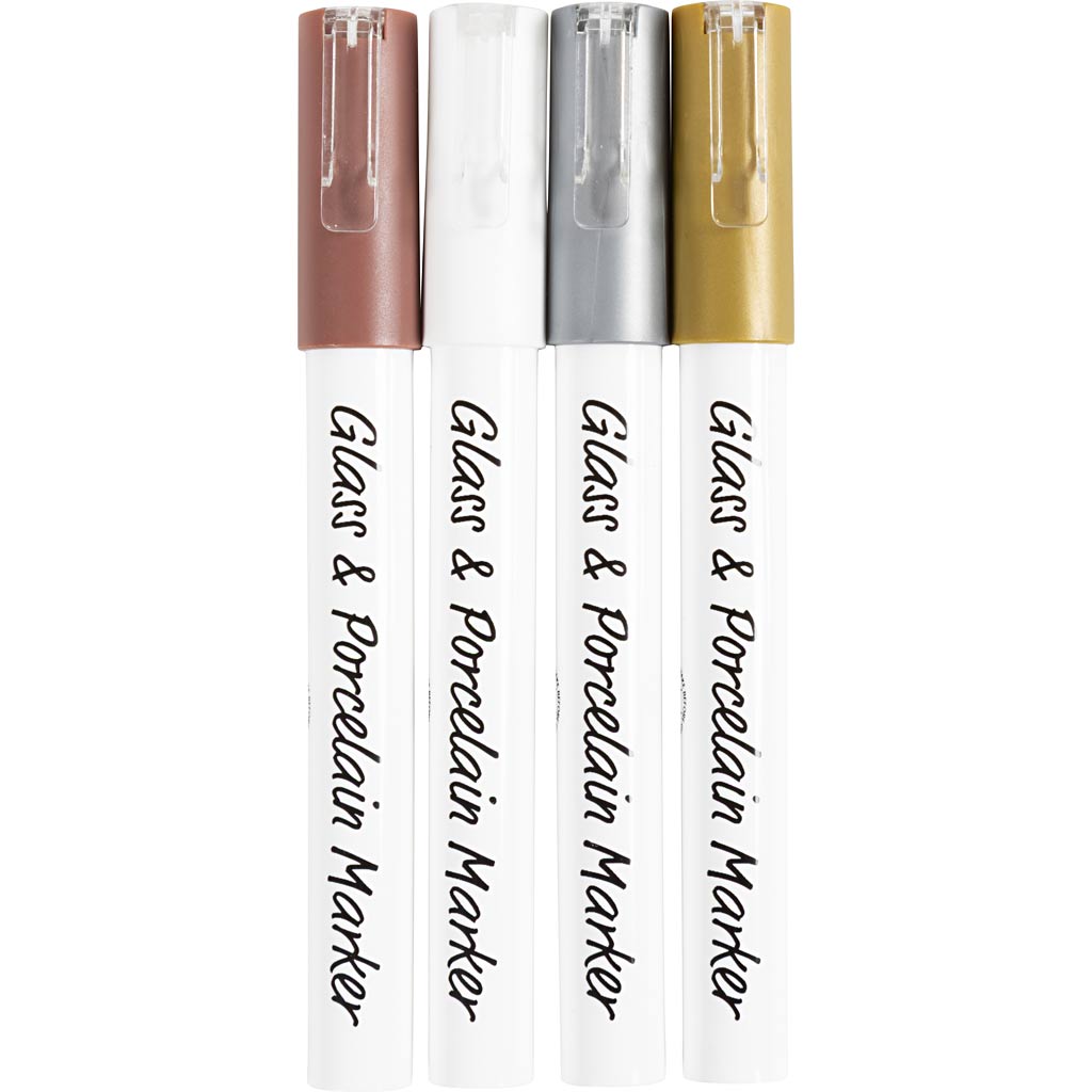Creativ company glas- porseleinstiften, lijndikte 1-2 mm, semi-dekkend, bruin, goud, zilver, wit, 4 stuk 1 doos