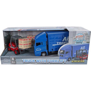 Kids globe man vrachtwagen met vorkheftruck. 17cm