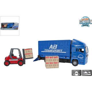 Kids globe man vrachtwagen met vorkheftruck. 17cm