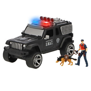 Politieauto met licht en geluid, politieagent, politiehond en accessoires