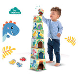 Ses stapelblokken toren met dino figuren