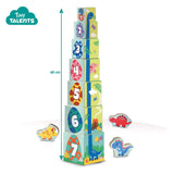 Ses stapelblokken toren met dino figuren