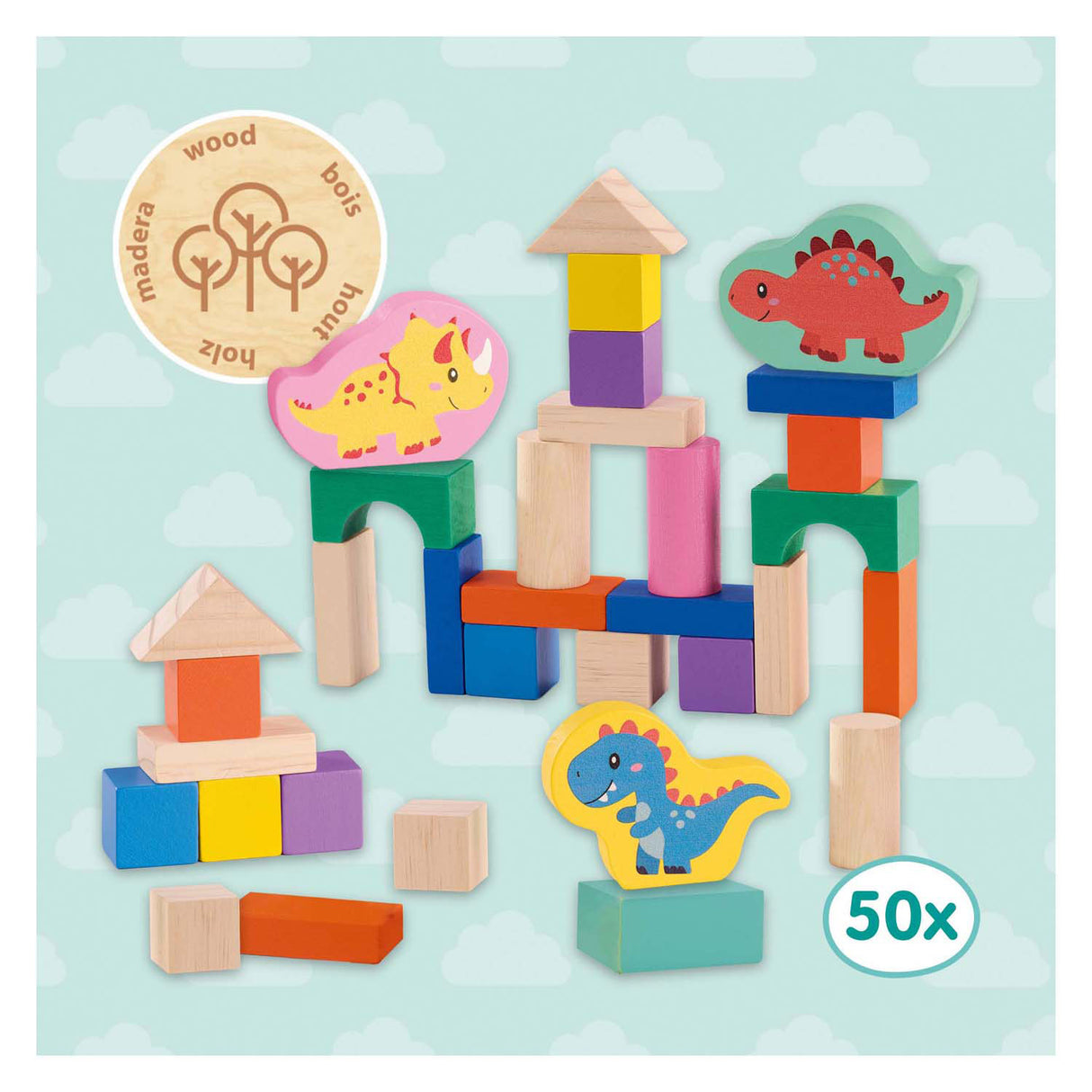 Ses houten bouwblokken dino's, 50st.