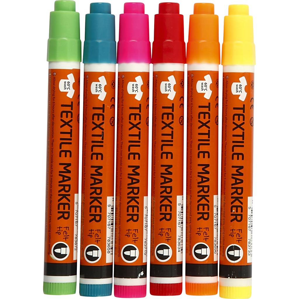 Textielstiften, lijndikte 2-4 mm, neon kleuren, 6 stuk 1 doos