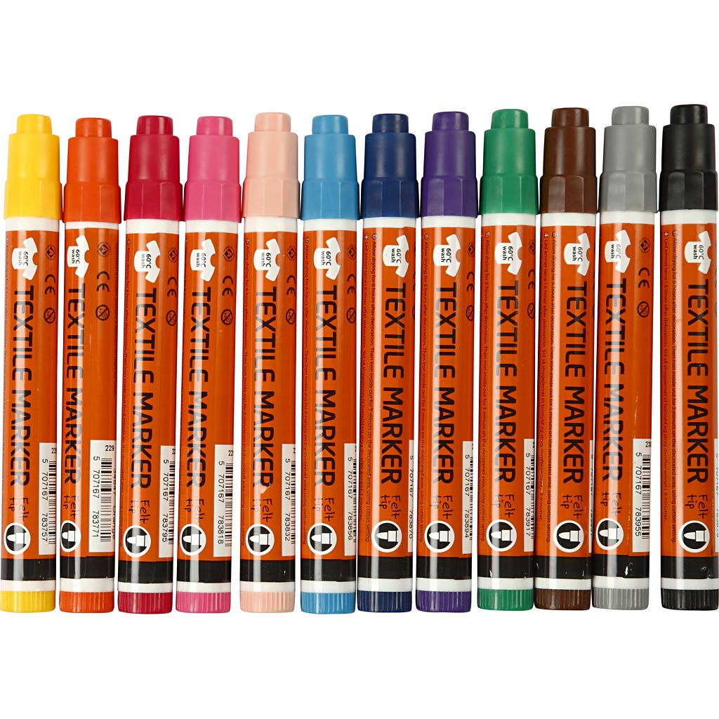 Textielstiften, lijndikte 2-4 mm, diverse kleuren, 12 stuk 1 doos