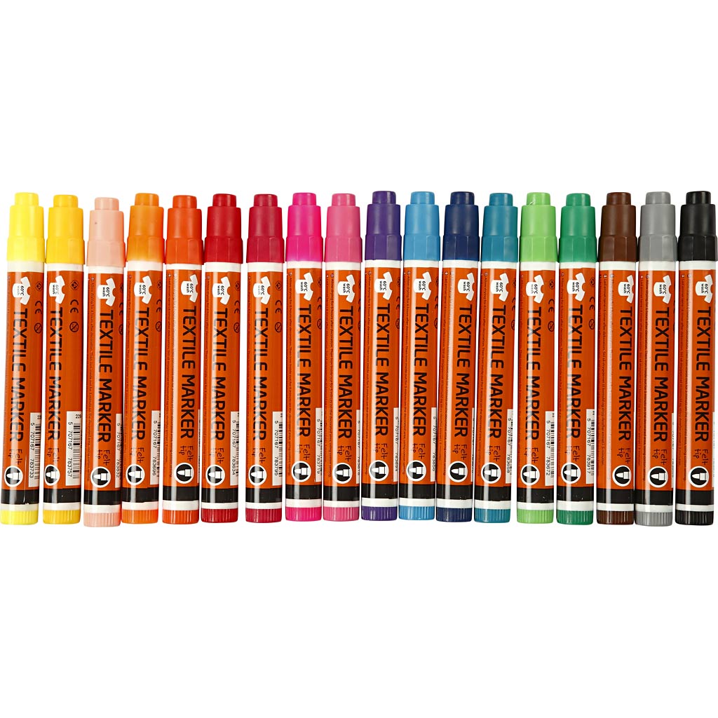 Textielstiften, lijndikte 2-4 mm, diverse kleuren, 18 stuk 1 doos