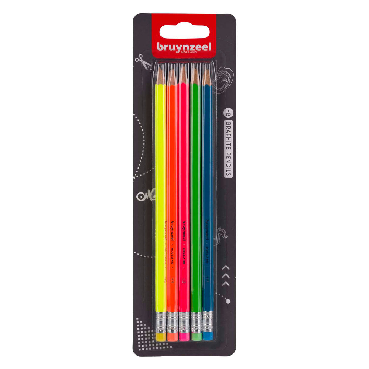 Bruynzeel grafietpotlodenset neon, 5 hb potloden met gum