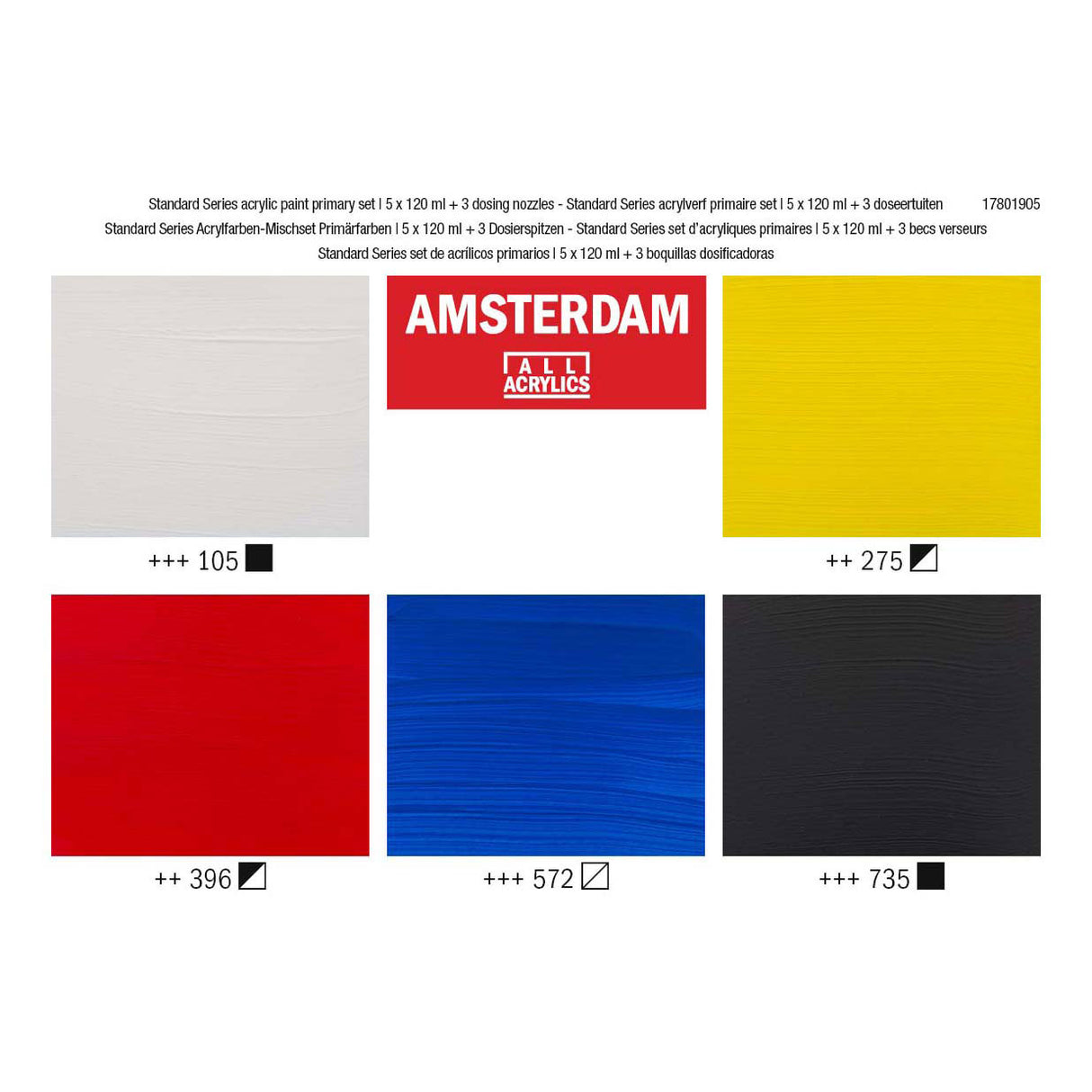 Bruynzeel amsterdam standaard serie acrylverf primaire set 120ml, 5dlg. + 3 dosiseruiten
