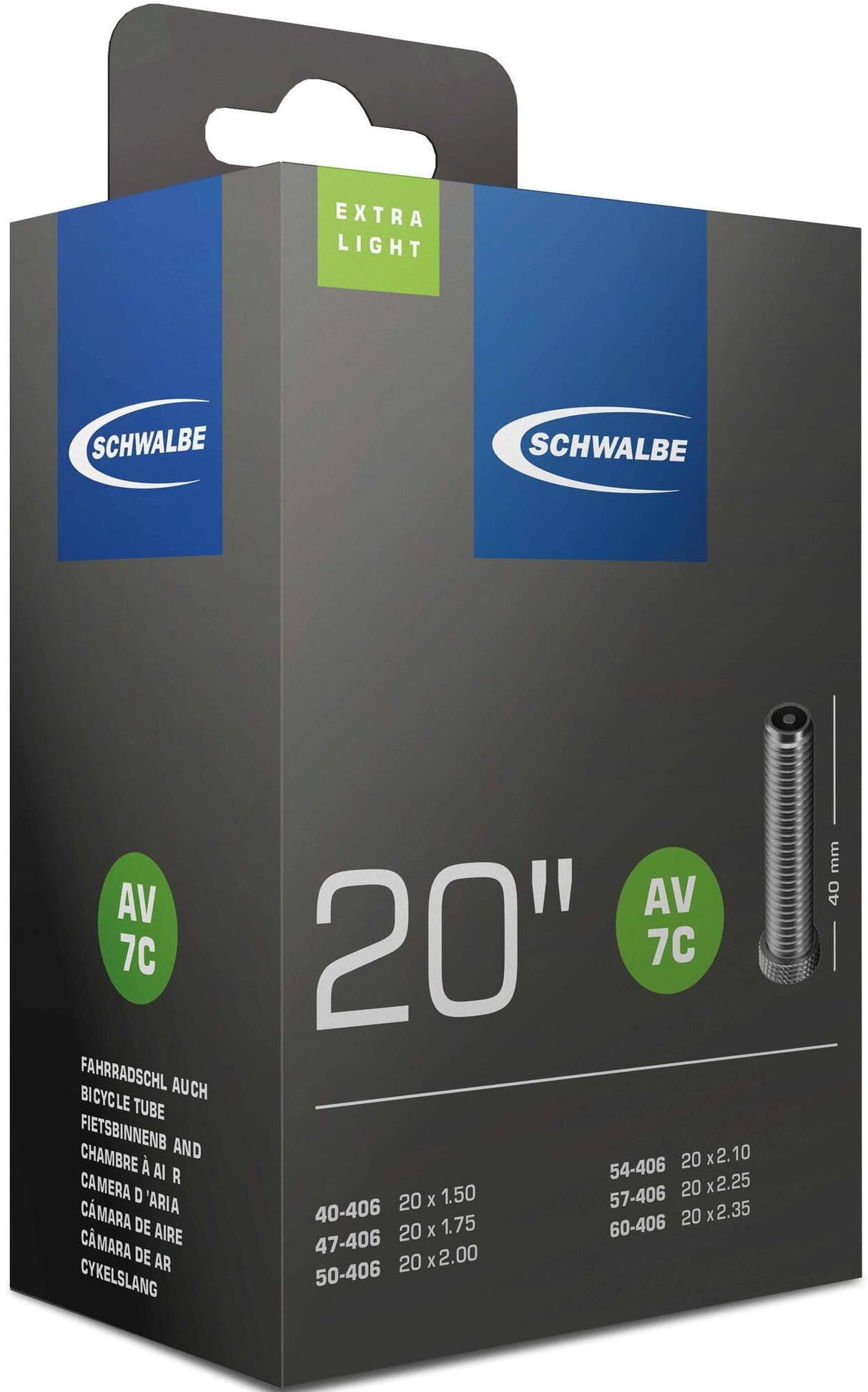 SCHWALBE tube "No. 7C Extralight", 20"40-406 20 x 1.5047-406 20 x 1.7550-406 20 x 2.0054-406 20 x 2.1057-406 20 x 2.12560-406 20 x 2.35weight: 95g